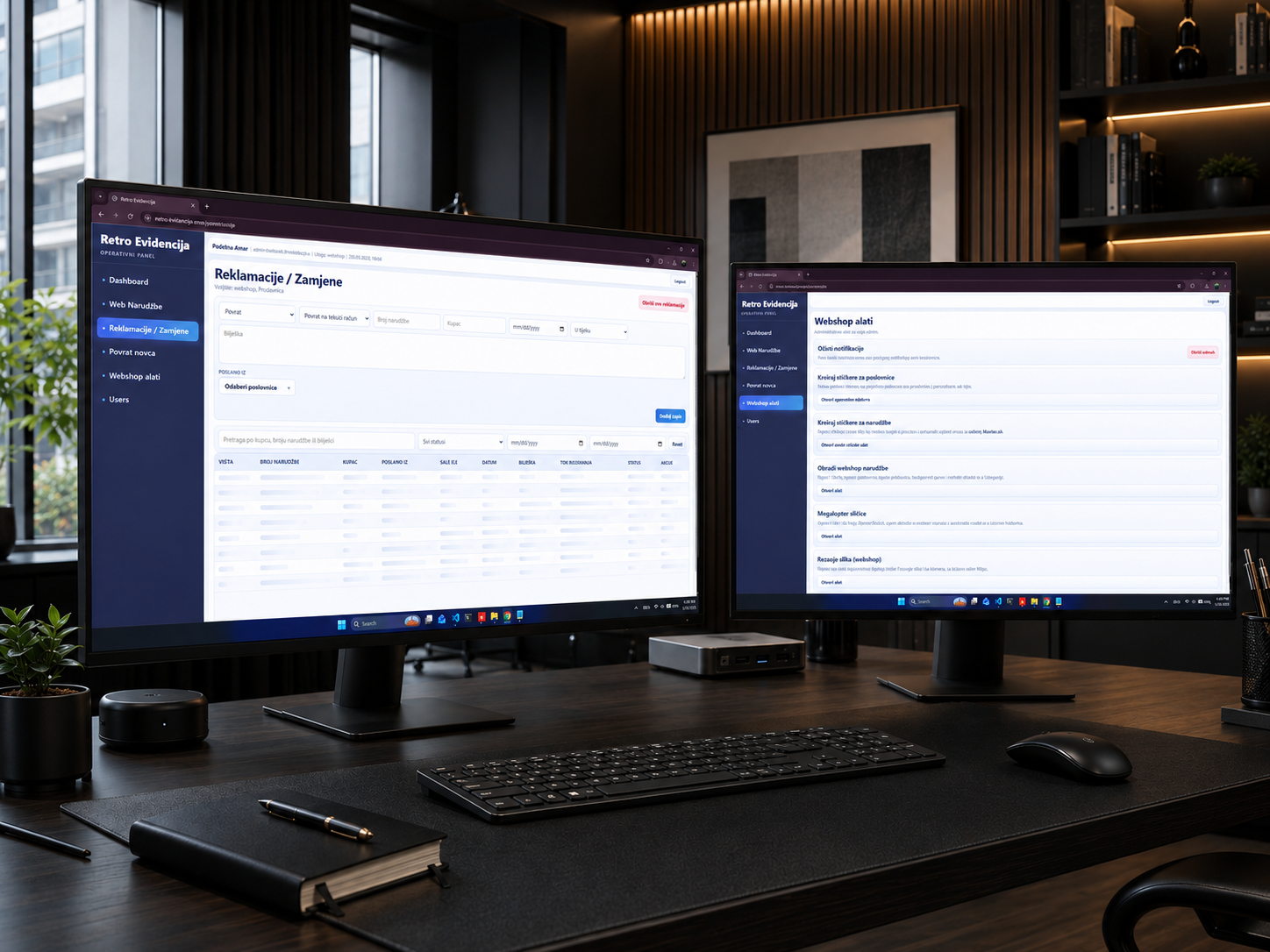 RETRO internal web application displayed on desktop screens for branch and webshop operations