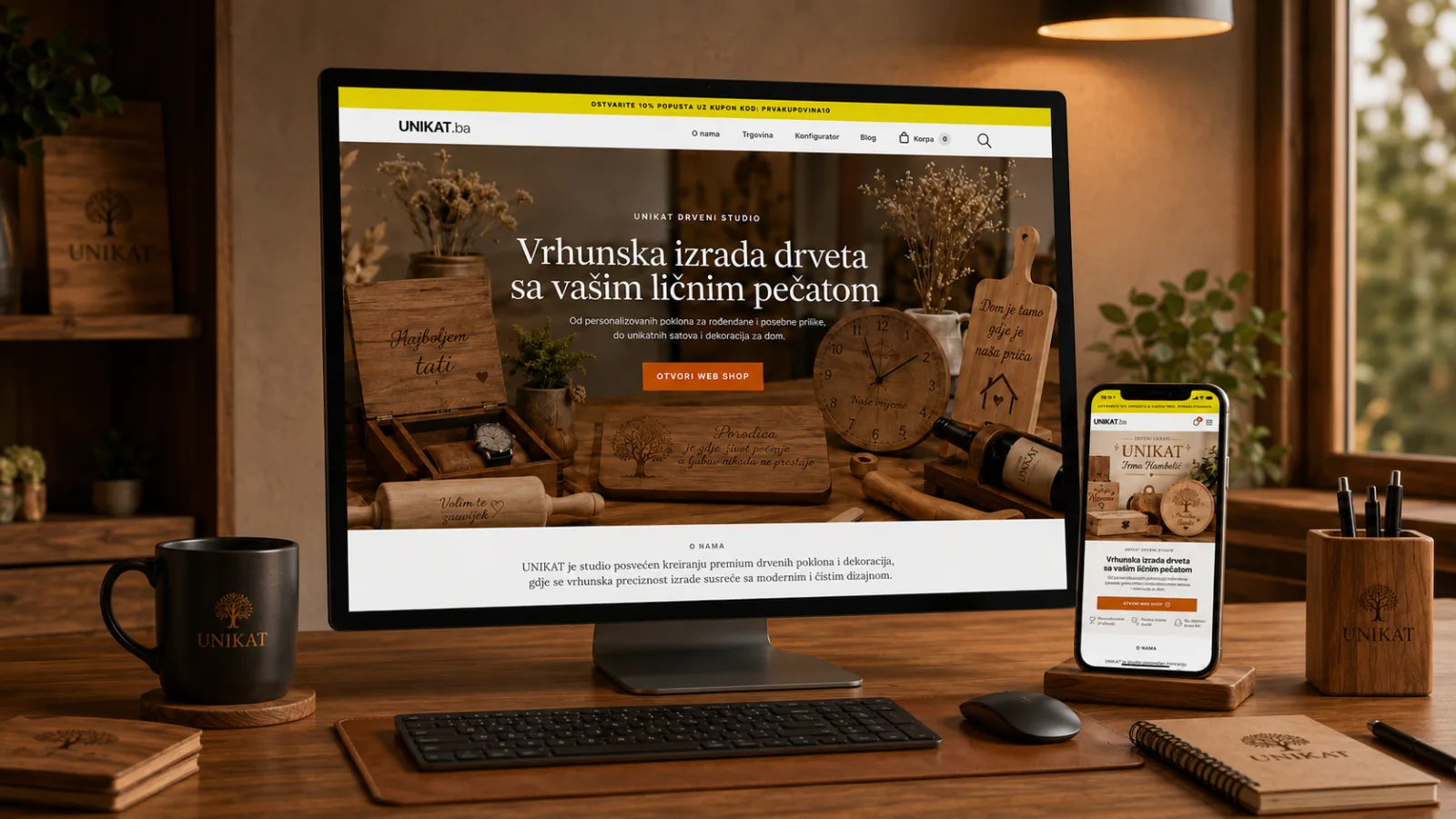 Prikaz UNIKAT e-commerce web stranice na desktop i mobilnim uređajima u profesionalnom ambijentu drvenog studija