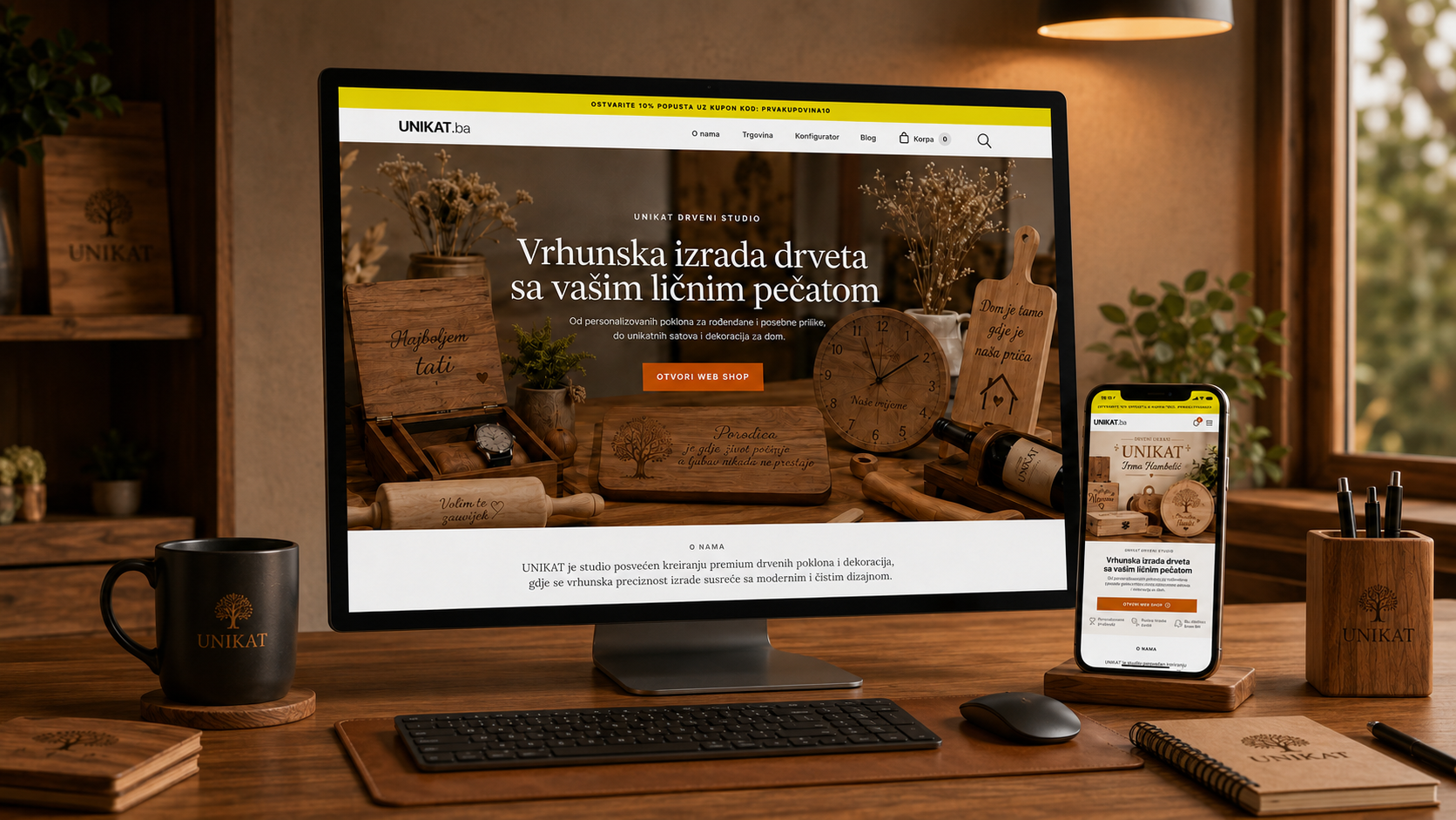 UNIKAT desktop and mobile e-commerce website showcase in a professional wooden studio environment