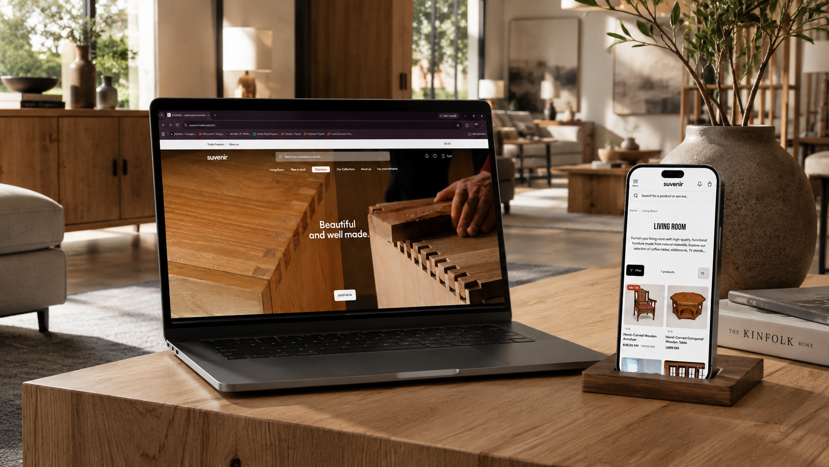 SUVENIR Next.js furniture e-commerce homepage featuring handcrafted solid wood furniture
